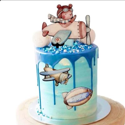 تاپر تزیین کیک مدل خرس خلبان خامه ای پسرانه جدید