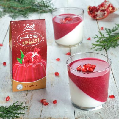 دسر مدرن شیک مجلسی با پودر اکلیلی طعم انار و قرمز فرمند