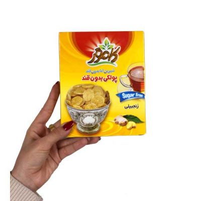 ابعاد بسته بندی پولکی زنجبیلی بدون قند کامور 150 گرم