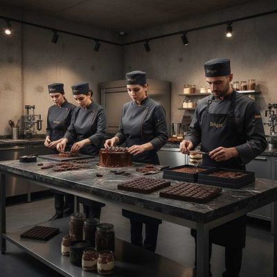 استفاده از شکلات تخته ای تلخ کیبوردی پارمیدا در کارگاه قنادی بهگز