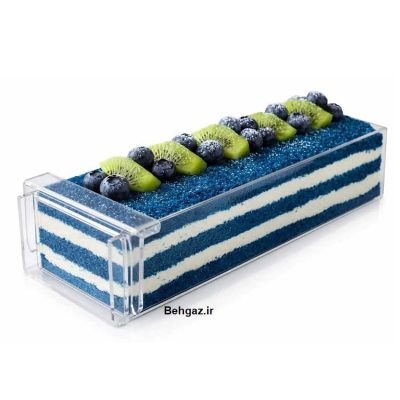 کیک مدرن جدید کافی شاپی درون قالب مستطیل تیرامیسو پلکسی شفاف