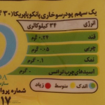 جدول ارزش غذایی پودر سوخاری پاپریکا نارنجی پانکو