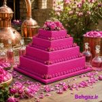قالب کیک موج مدل مربع لبه کوتاه سایز 15 و 20 و 25 و 30 مجموعه 4 عددی خامه ای عروسی و عقد صورتی